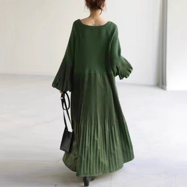 Pleated Knit Maxi Dress | Bubble Sleeve Mixed Media Sweater Dress(MS228)