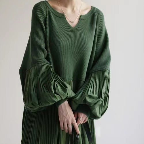 Pleated Knit Maxi Dress | Bubble Sleeve Mixed Media Sweater Dress(MS228)