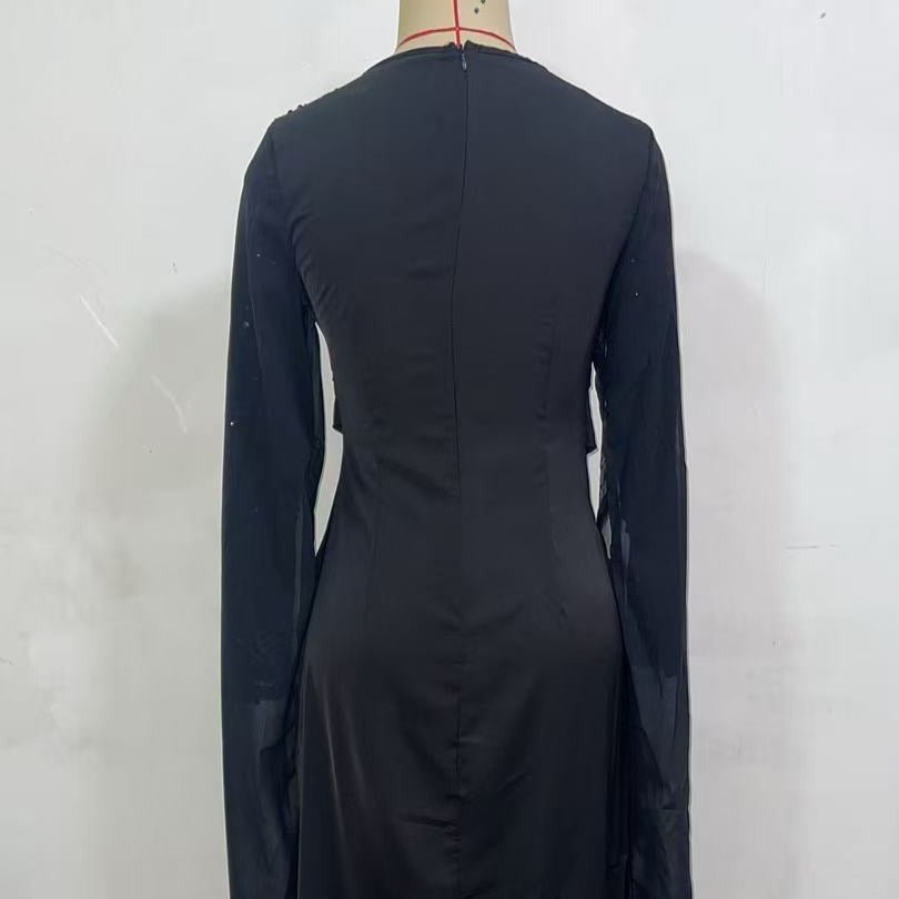 Sequin Embellished Formal Dress | Long Sleeve Ruched Bodycon Dress(MS272)