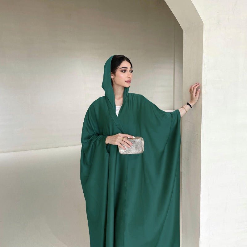 Soft Forged Bat Sleeve Abaya Robe | V-Neck Satin Cardigan Dress(MOA224)