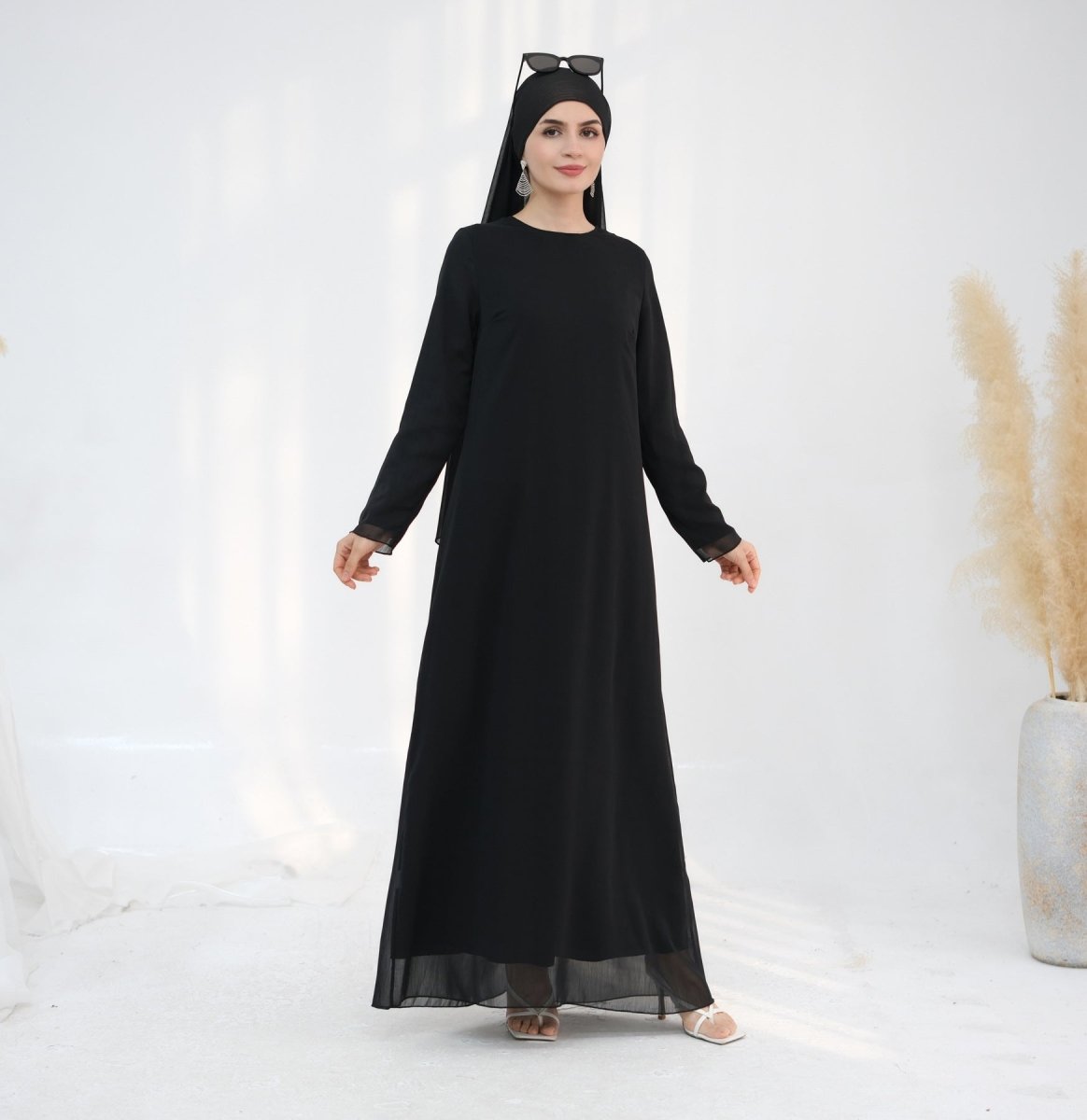 Solid Color Layered Chiffon Elegant Open Abaya 3-Piece Set (MOA132)