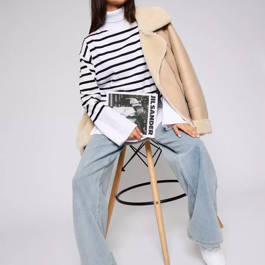 Striped Turtleneck Sweater | Oversized Colorblock Pullover(MS252)