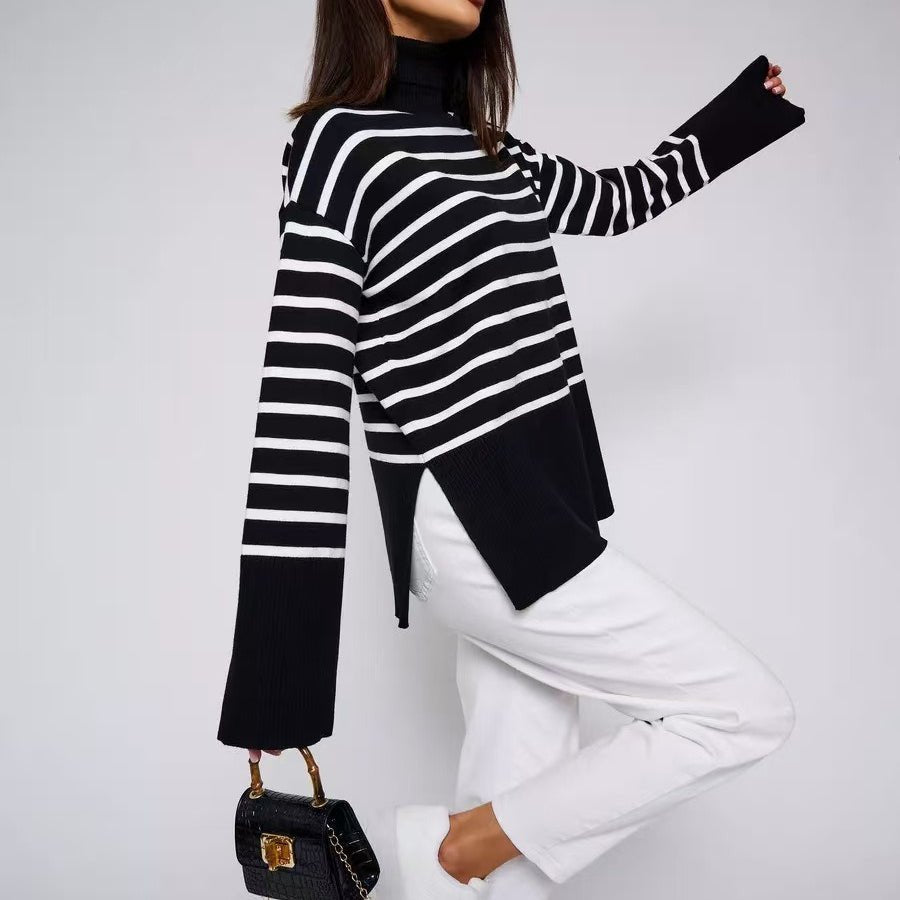 Striped Turtleneck Sweater | Oversized Colorblock Pullover(MS252)