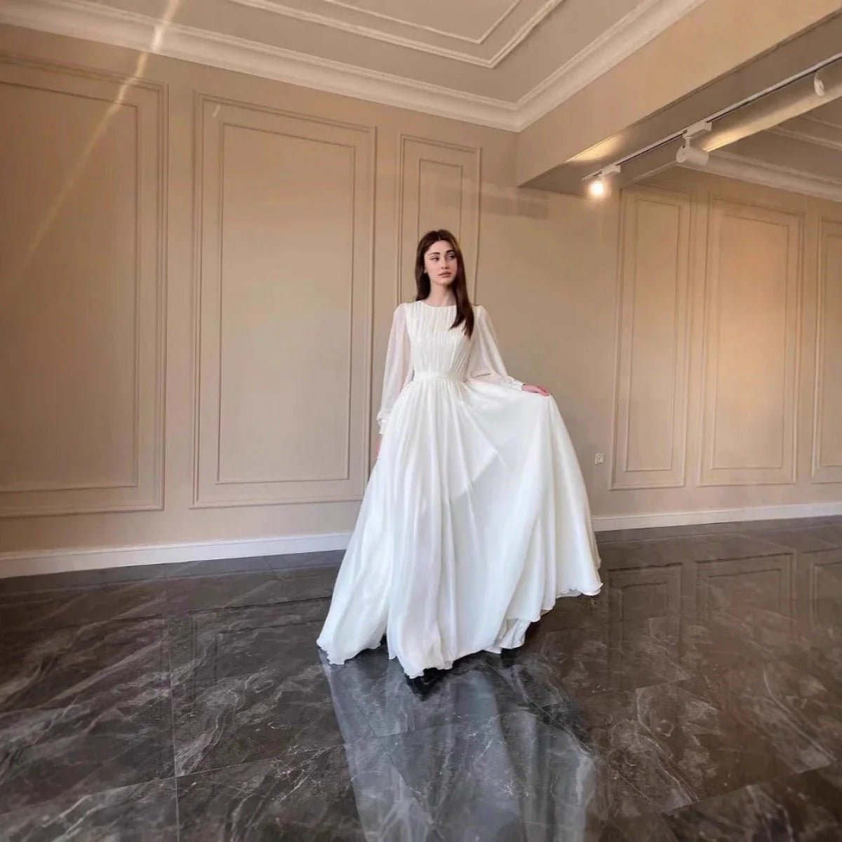 White Chiffon Princess Dress Abaya with Lantern Sleeves | Elegant Spring Fairy Swing French Court-Style Abaya (MA180)